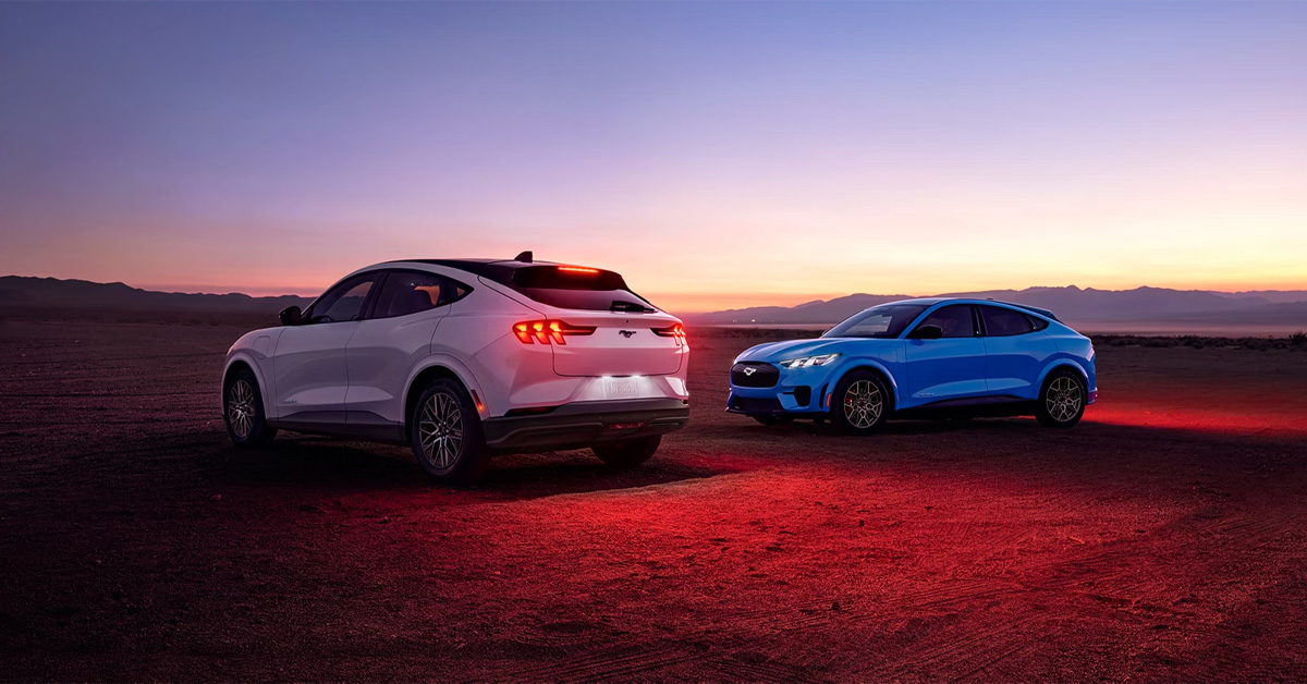 2026 Ford Mustang Mach-E at dusk in blue and white