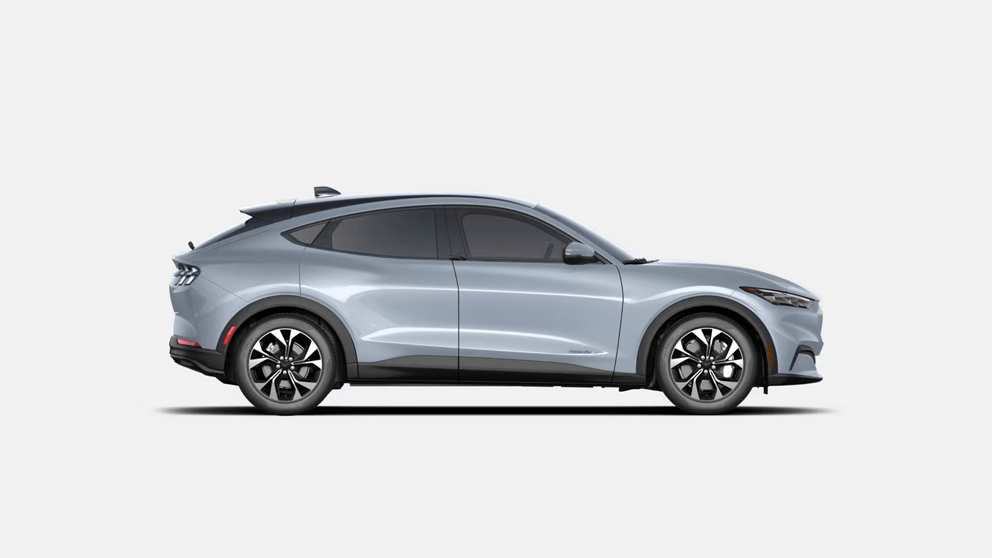 Gray Mustang Mach-E isolated on light gray background